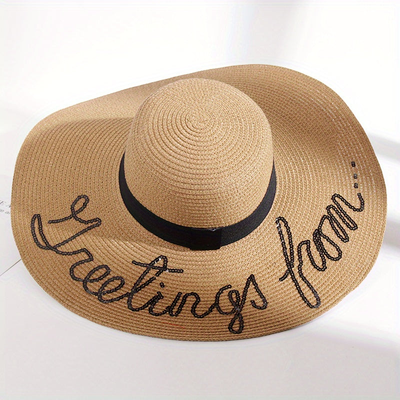 Sequin Letter Embroidery Floppy Straw Hat Wide Brim Travel Beach Hats