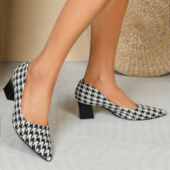 Women's Houndstooth Chunky High Heels Slip On Pumps