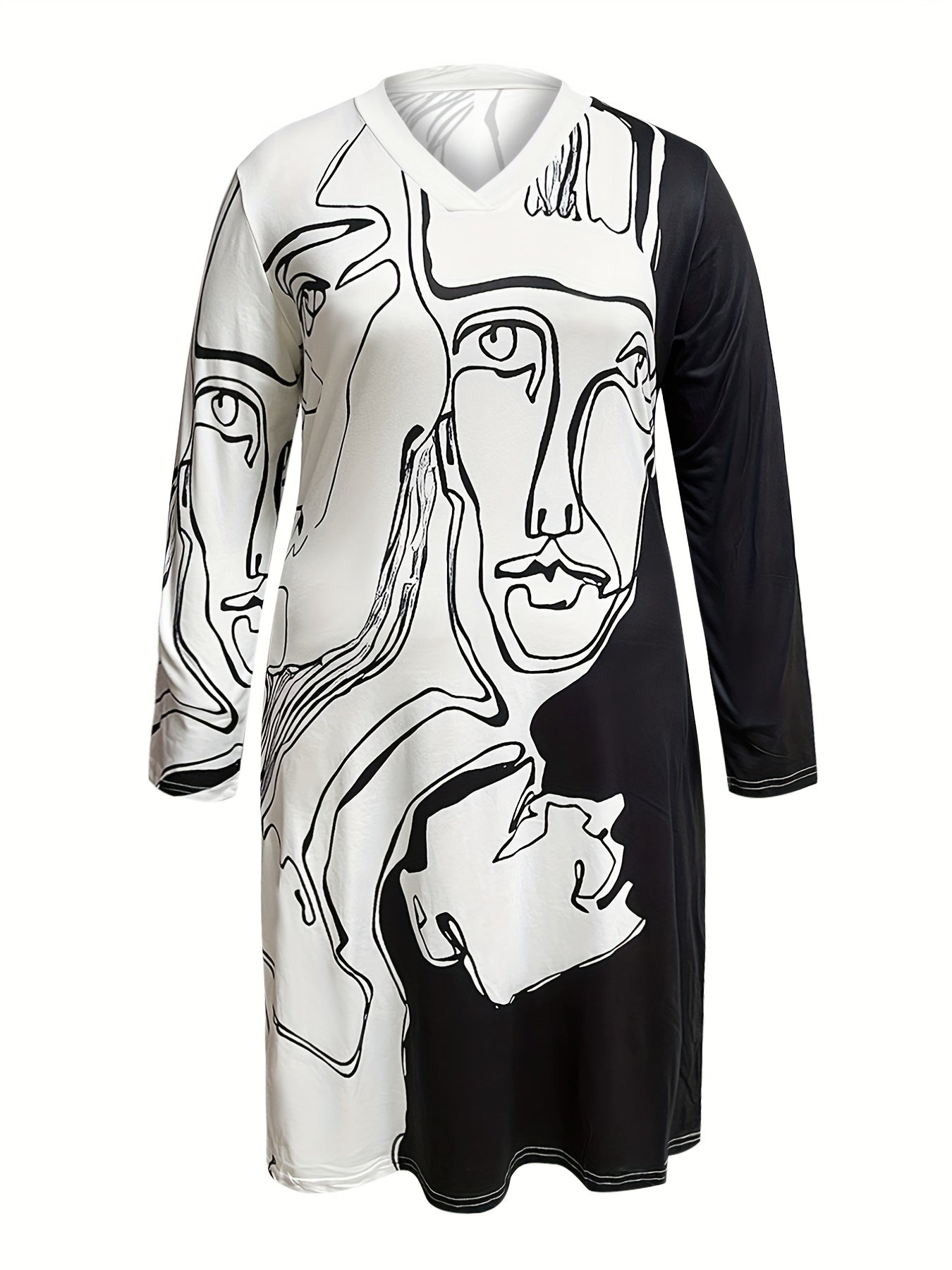  Colorblock Figure Print Long Sleeve Dress