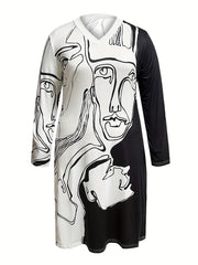  Colorblock Figure Print Long Sleeve Dress