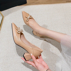 Women's Mid Heel Pearl Bow Slip-On Pumps Work Heels