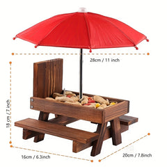 Wooden Squirrel Feeder Picnic House with Umbrella for Outdoor Garden