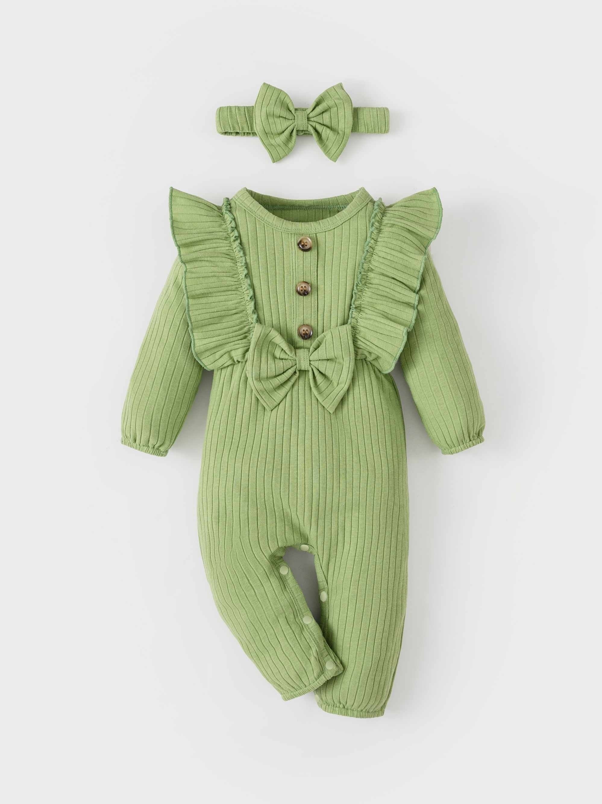 Casual Ruffle Long Sleeve Romper Set for Baby Girls