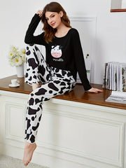 Cow Print Lounge Set Crew Neck Top & Lounge Pants Women's Loungewear