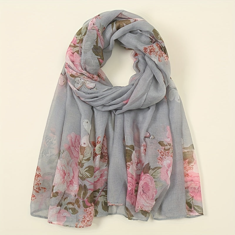 Vintage Flower Print Voile Scarf Butterfly Plants Windproof Shawl