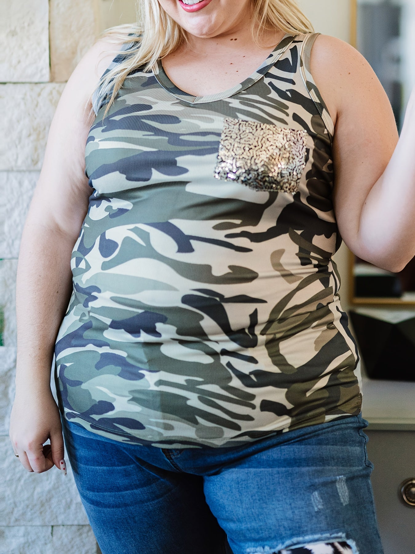  Camo Print Sequin Round Neck Tank Top