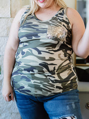  Camo Print Sequin Round Neck Tank Top