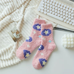 Floral Pattern Plush Socks Soft & Comfy Mid Tube Stockings