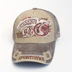 Vintage Washed Embroidery Shark Letter Baseball Cap Men's Sun Visor