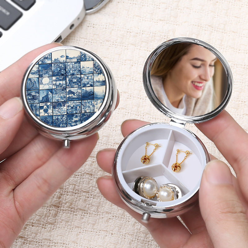 Artistic Glass Print Round Pill Organizer with 3 Compartments