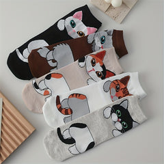 5 Pairs Cartoon Cat Print Socks Women's Stockings & Hosiery