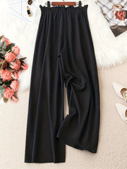 Women's Plus Solid Ruffle Trim Drawstring Elastic Wide Leg Trousers