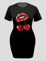  Lips & Cherry Print T-shirt Dress