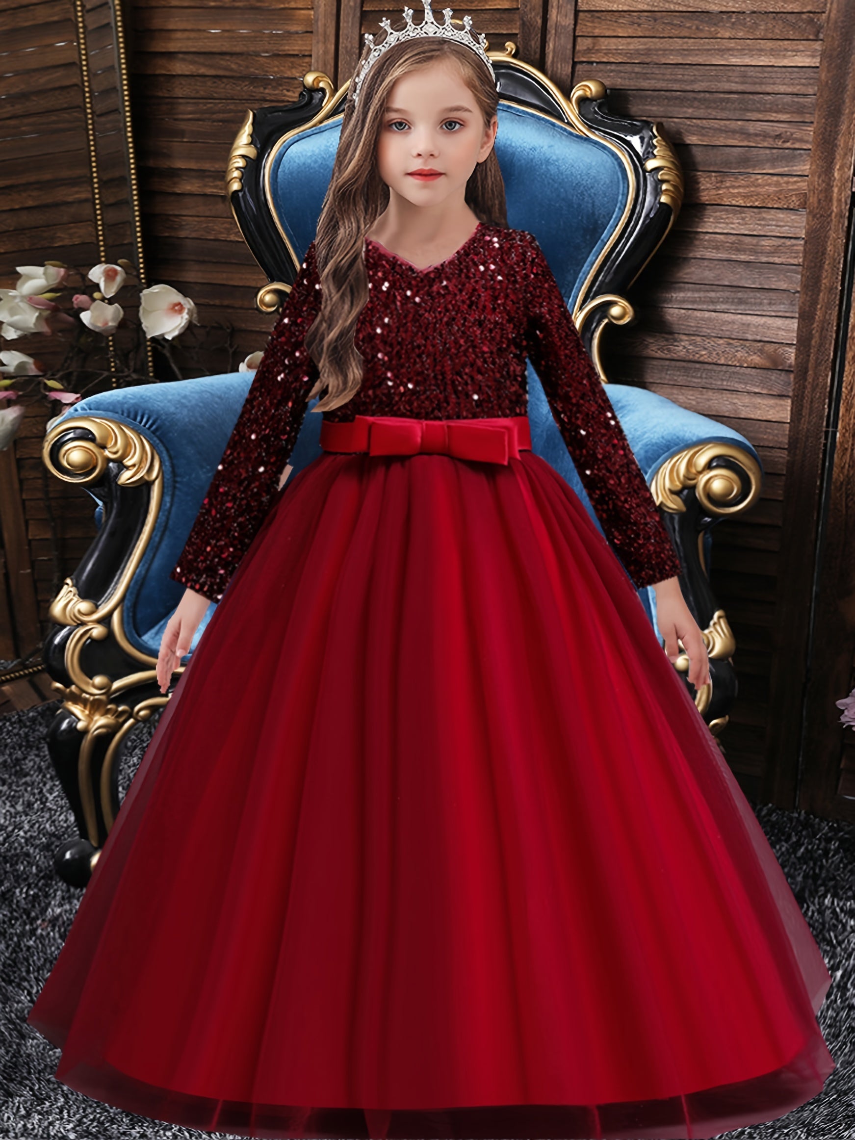 Girls Long Sleeve Tulle Sequined Ball Gown Dress