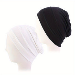 2pcs Ruched Turban Solid Inner Cap Lightweight Head Wrap Underscarf Beanie Cap
