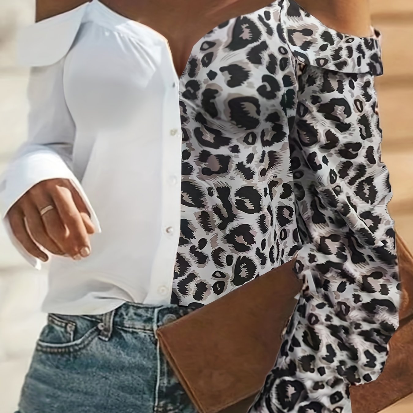  Colorblock Leopard Print Cold Shoulder Blouse