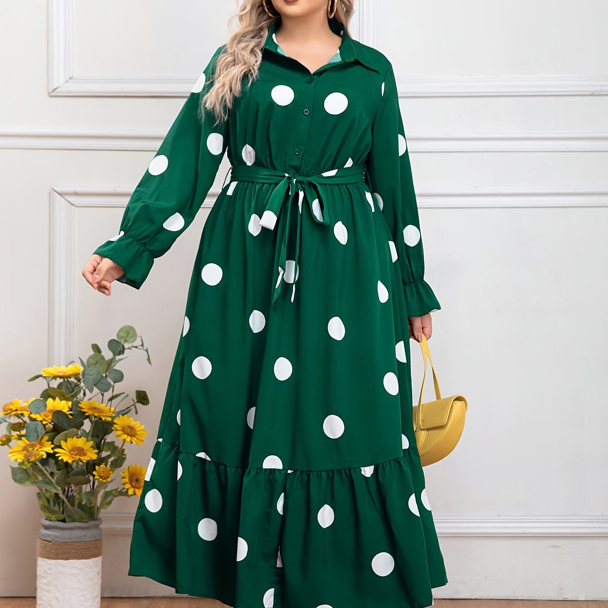 Dot Print Long Sleeve Maxi Shirt Dress