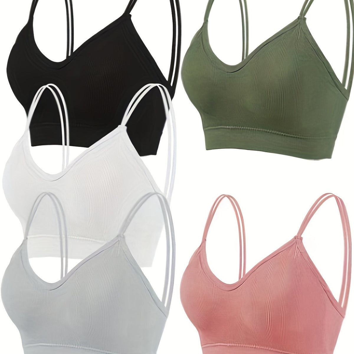 5pcs Ribbed Wireless Bras Double Straps Breathable Lingerie & Underwear