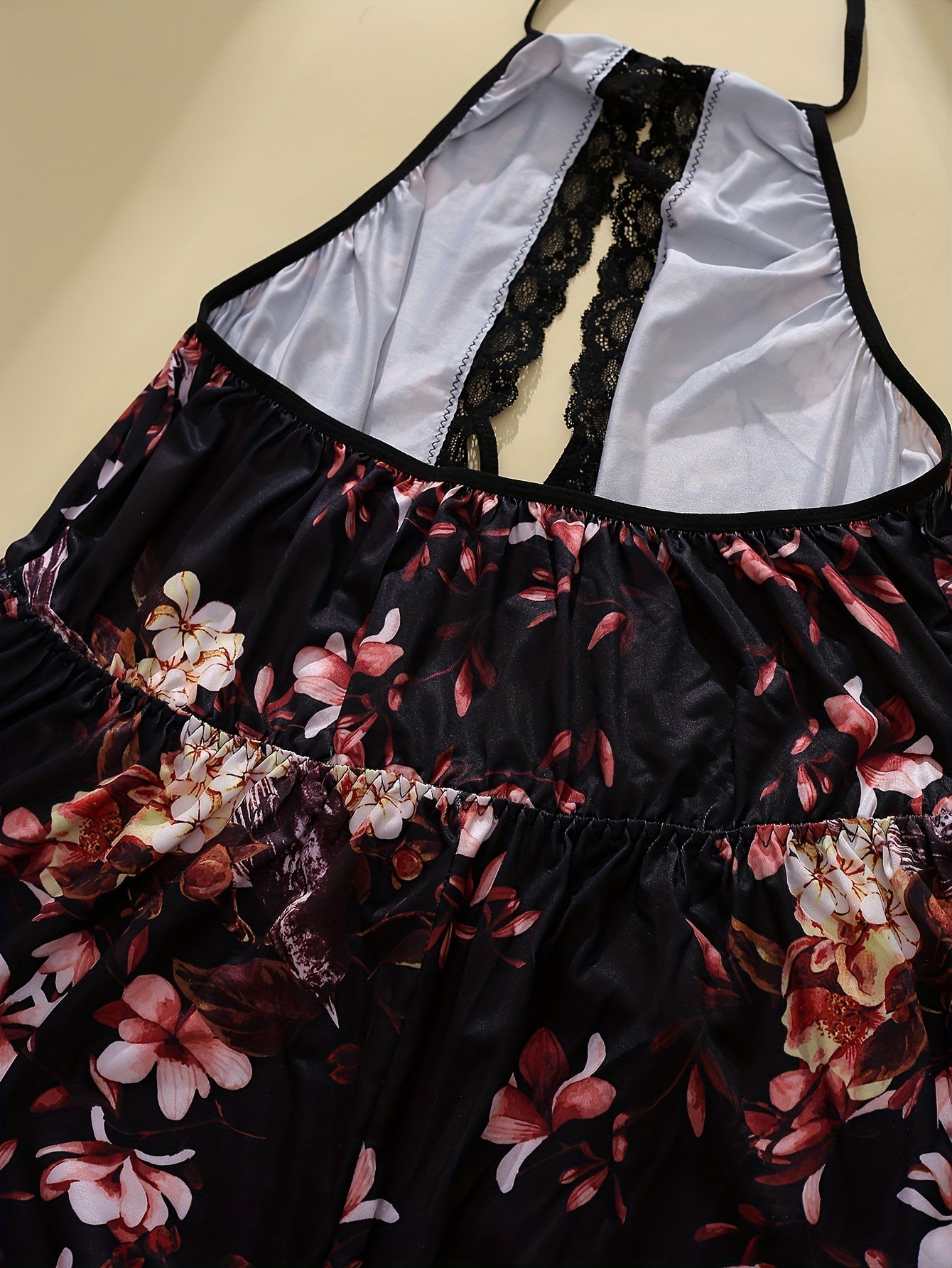  Floral Lace Trim Halter Bodysuit