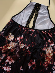  Floral Lace Trim Halter Bodysuit