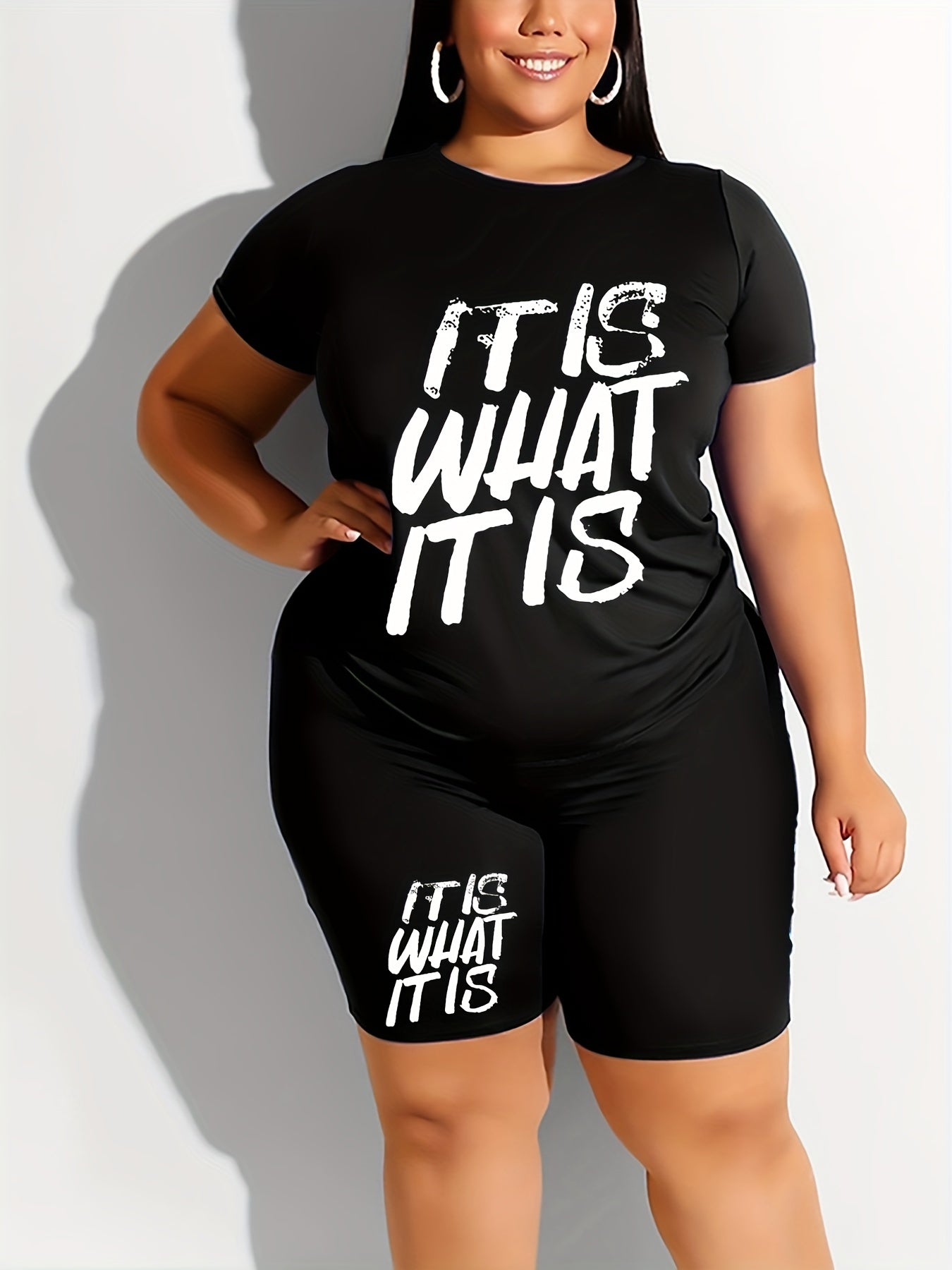  Slogan Print Crop Top & Shorts Set