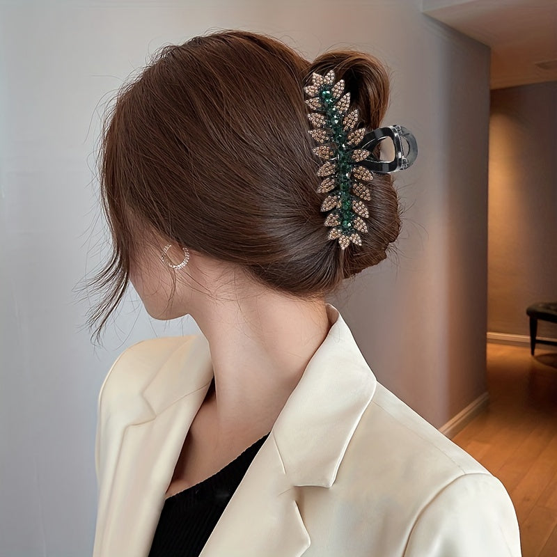 Crystal Leaf Hair Clips Large Rhinestone Barrette Jaw Clamp Vintage Hair Claws