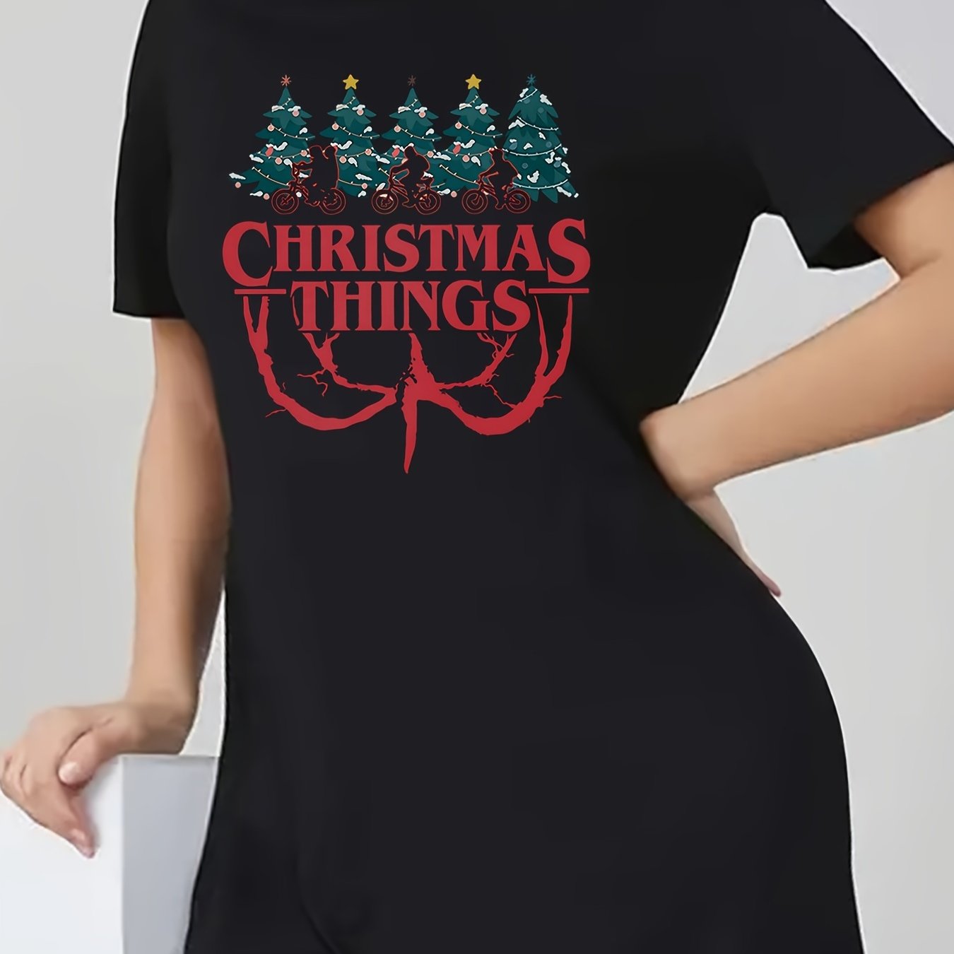  Christmas Casual Dress Women's Plus Letter & Tree Print Tee Dress