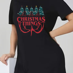  Christmas Casual Dress Women's Plus Letter & Tree Print Tee Dress