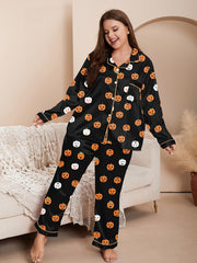  Halloween Party Pajamas Set Pumpkin Print Satin Shirt & Pants