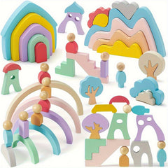 Wooden Building Blocks Rainbow Monster Tree House Mountain Landscape Toy