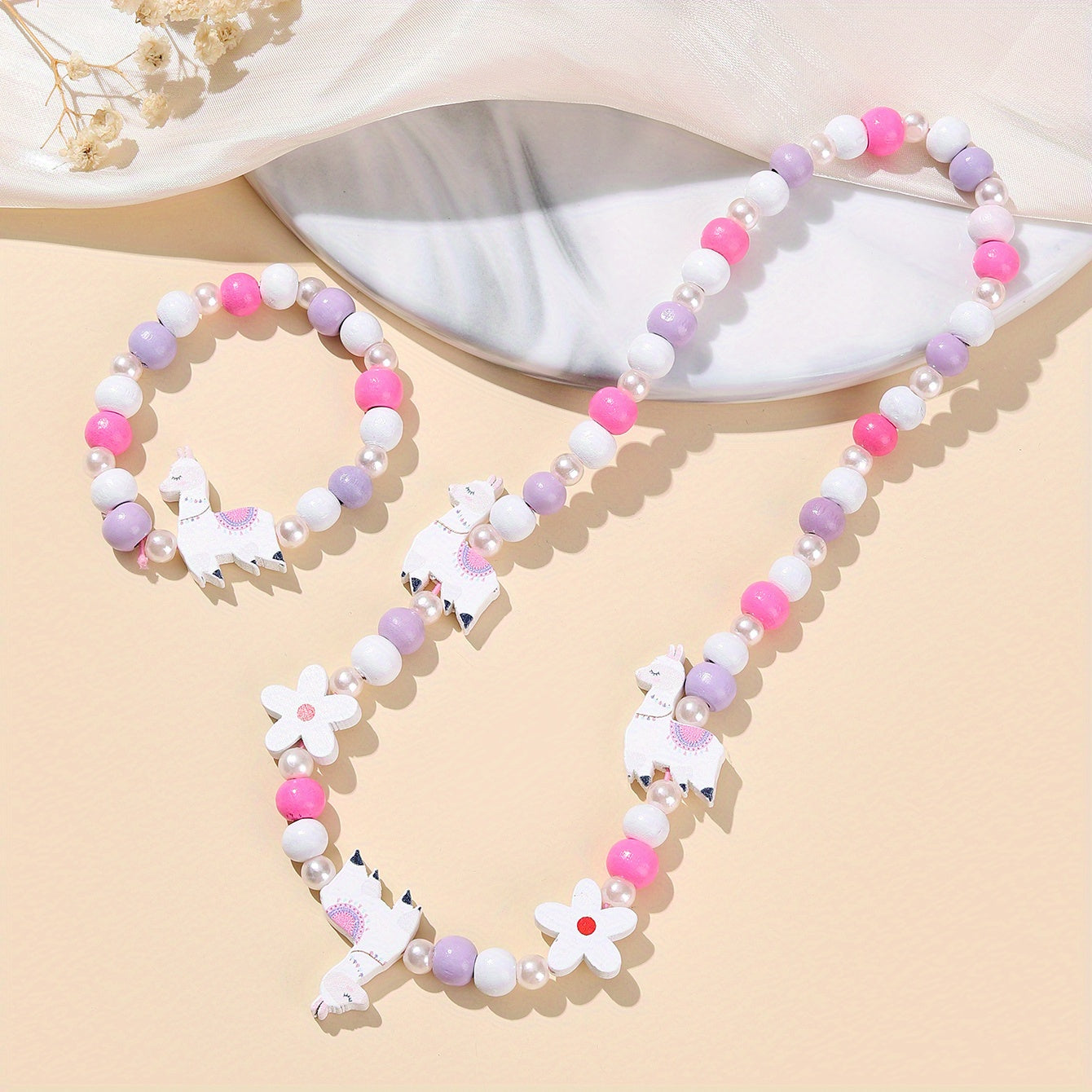 Pink Wood Fox Flower Beads Jewelry Set