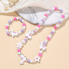Pink Wood Fox Flower Beads Jewelry Set