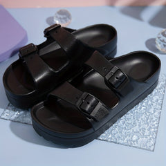 Women's Platform Footbed Sandals Double Buckle Slides Thick Bottom Slippers