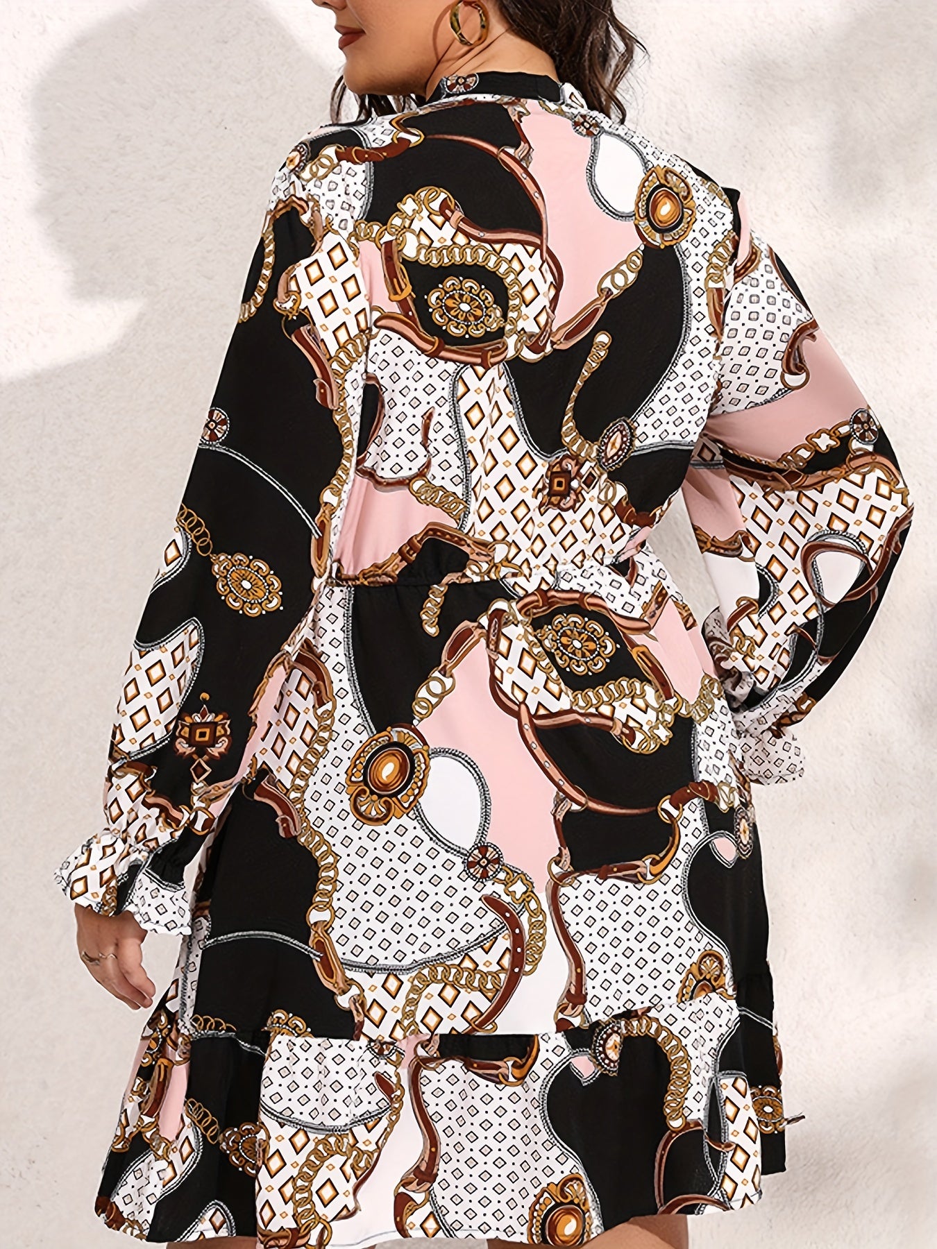  Chain Print Lantern Sleeve Ruffle Trim Dress