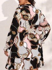  Chain Print Lantern Sleeve Ruffle Trim Dress