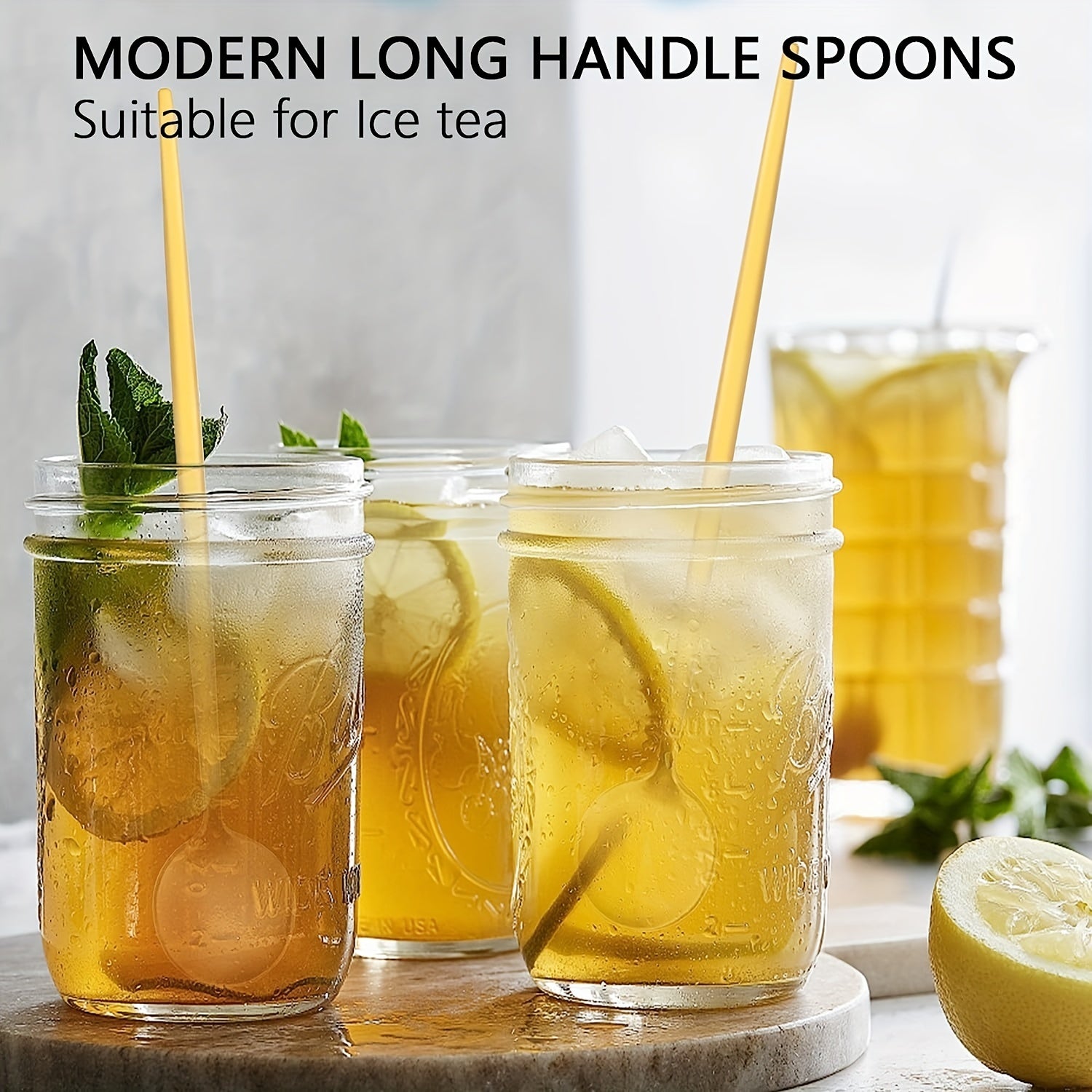 6pcs Stainless Steel Ice Tea Spoons Long Handle Golden Mirror Finish