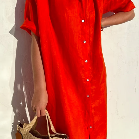  Solid Short Sleeve Button Up Shirt Dress