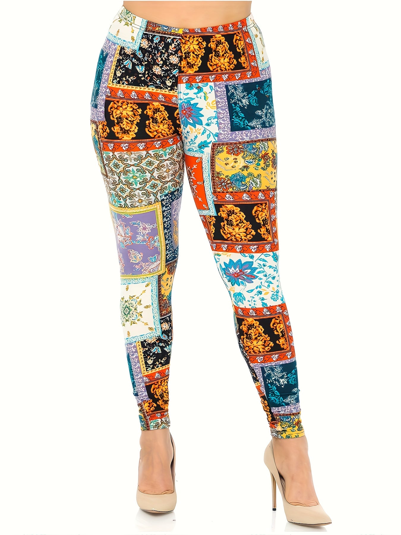 Boho Patchwork Print Plus Size High Rise Leggings