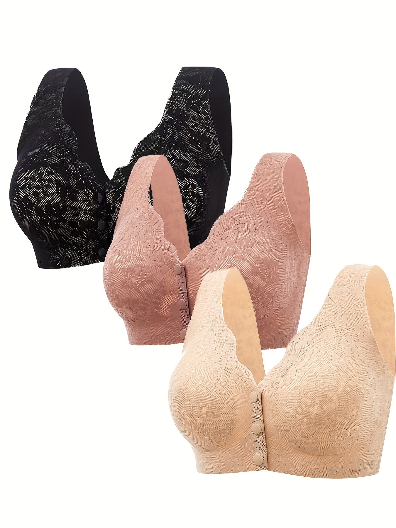 3pcs Lace Wireless Bras Front Buckle Women's Lingerie