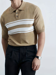 Striped Pattern Knit Short Sleeves Polo Shirt Men's Casual Lapel High Stretch