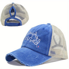 Blessed Ponytail Trucker Hat Embroidered Ripped Washed Distressed Baseball Cap