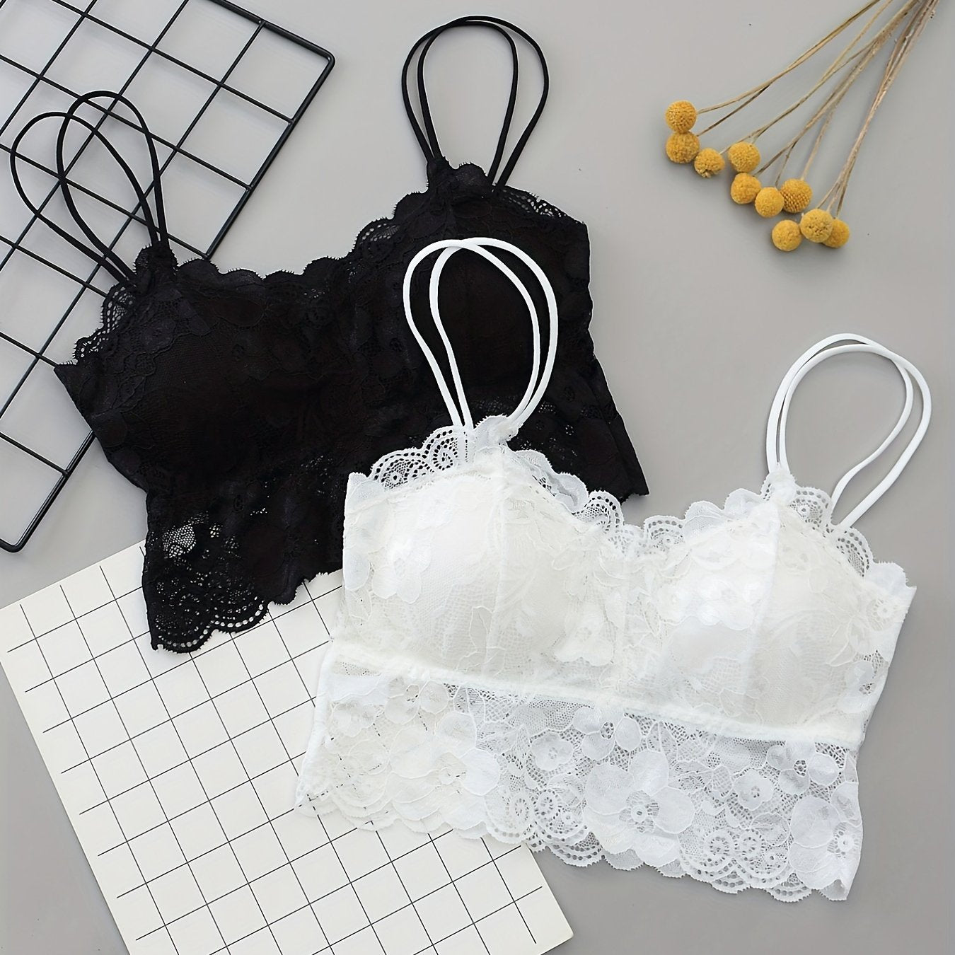 2pcs Floral Lace Wireless Bras Comfy & Breathable Women's Lingerie