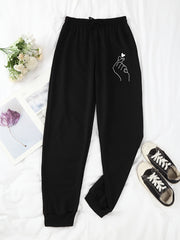 Heart Print Pants Casual Drawstring Elastic Waist Jogger Pants
