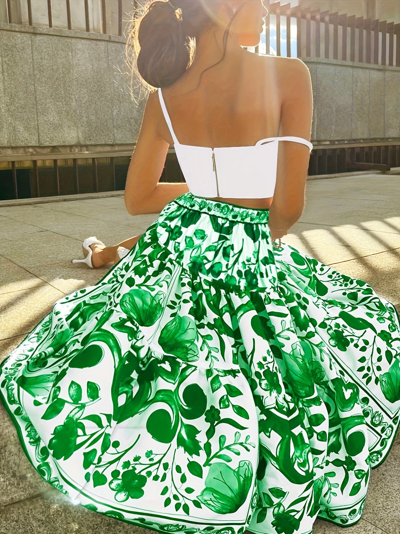 Plus Floral Print Elastic High Rise Smock Maxi Skirt