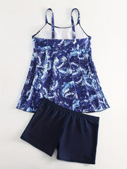  Tropical Print Tankini Set Round Neck Cami & Shorts Swimsuit