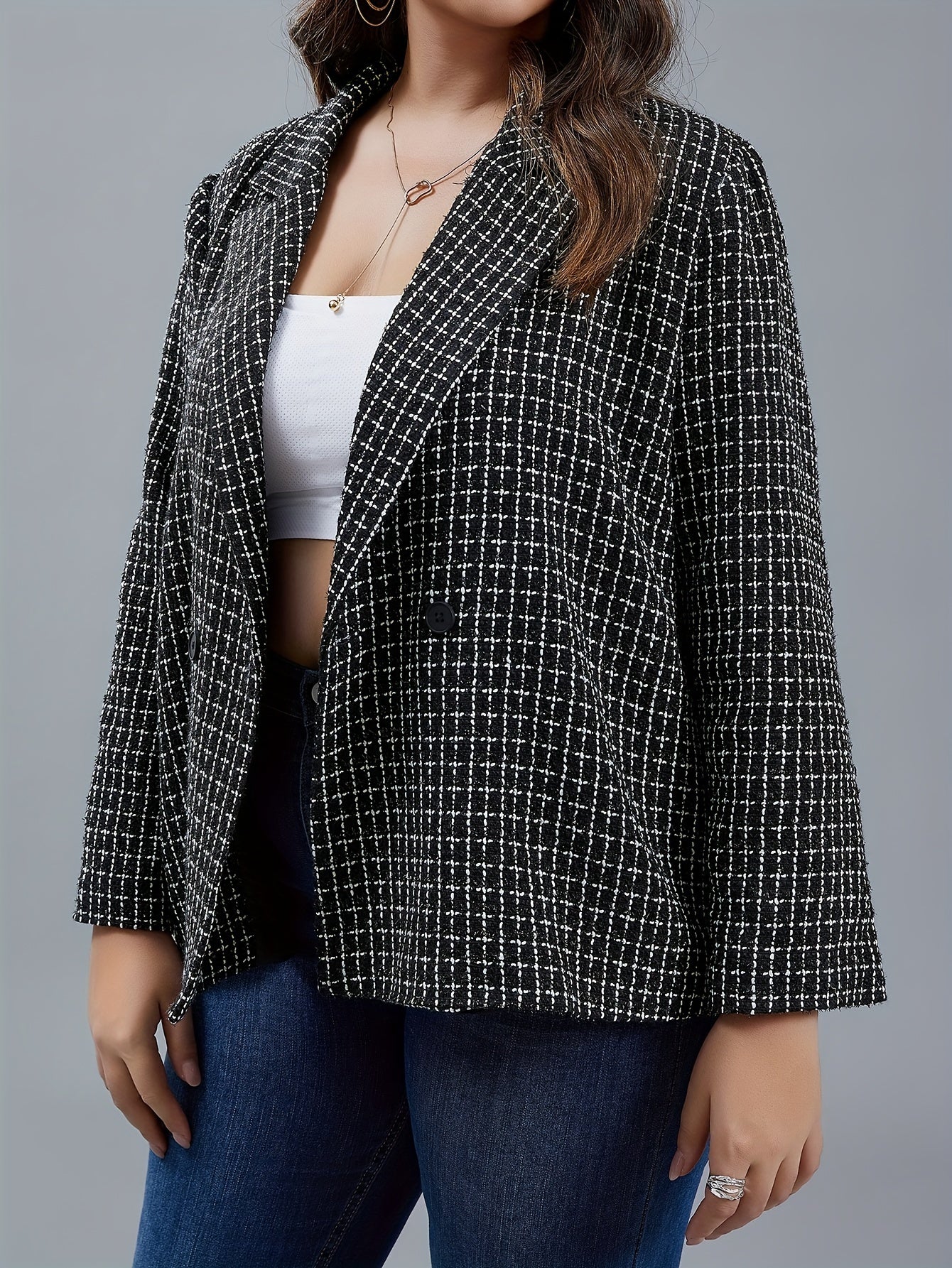  Grid Print Button Lapel Collar Blazer