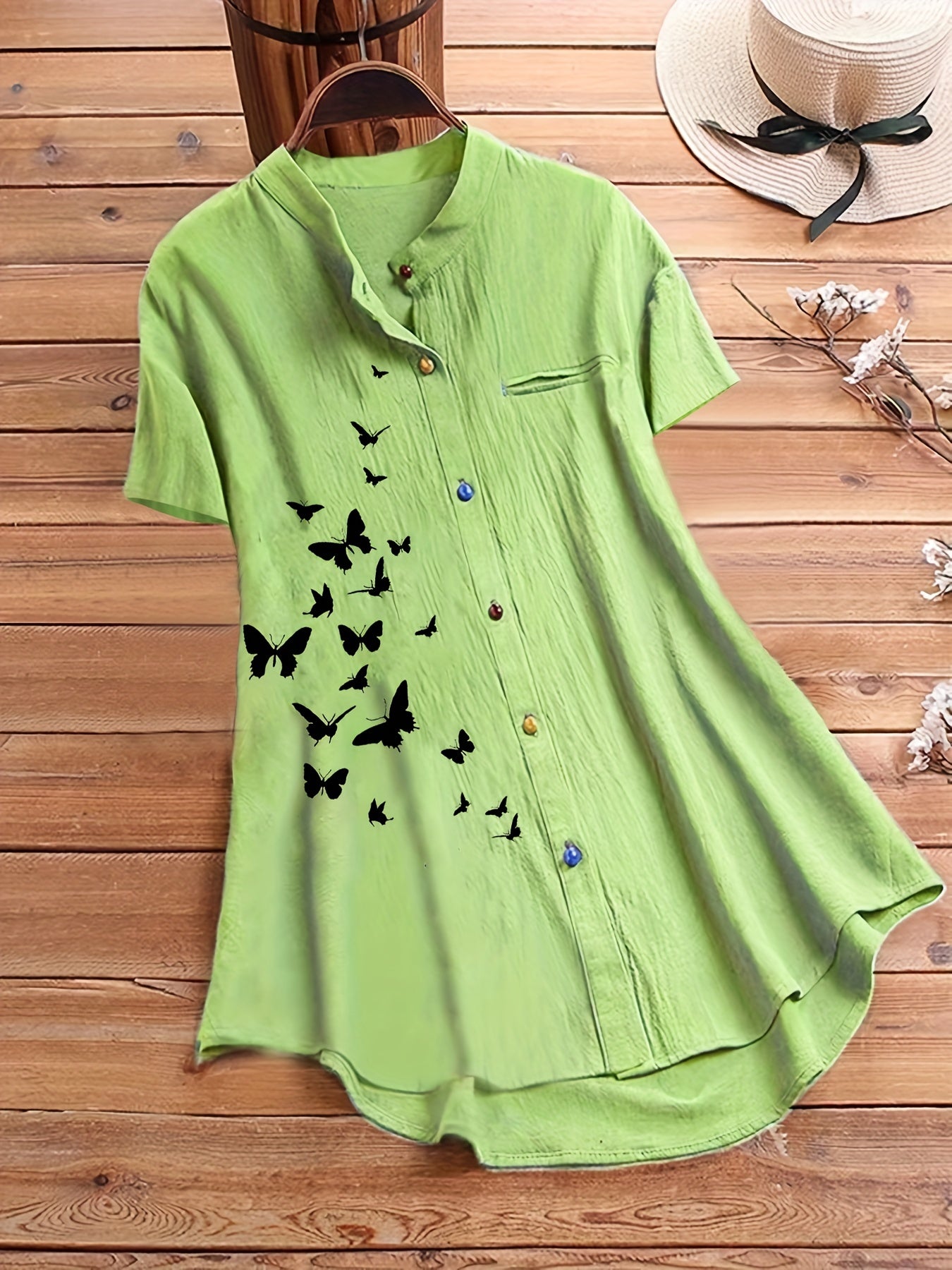  Butterfly Print Short Sleeve Button Shirt