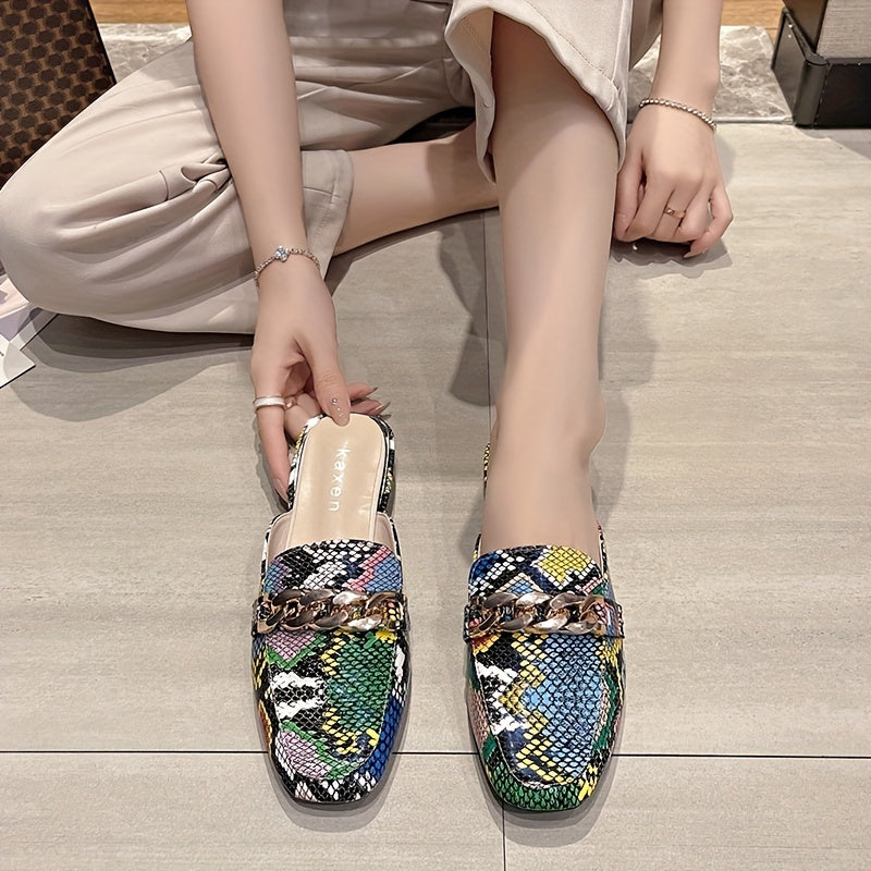 Women's Crocodile Print Chain Mules Square Toe Slipper Shoes