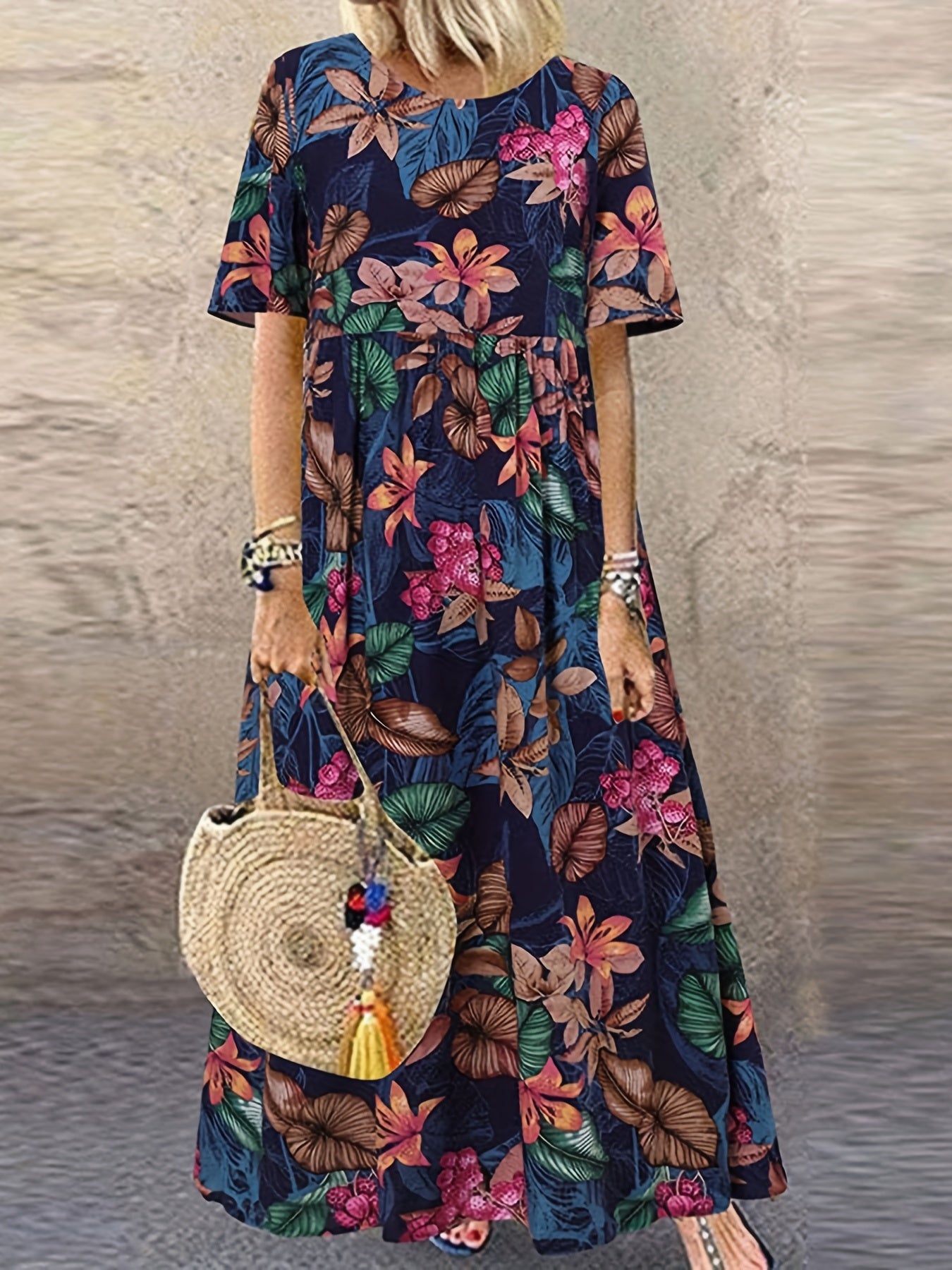  Floral Print Short Sleeve Maxi Dress