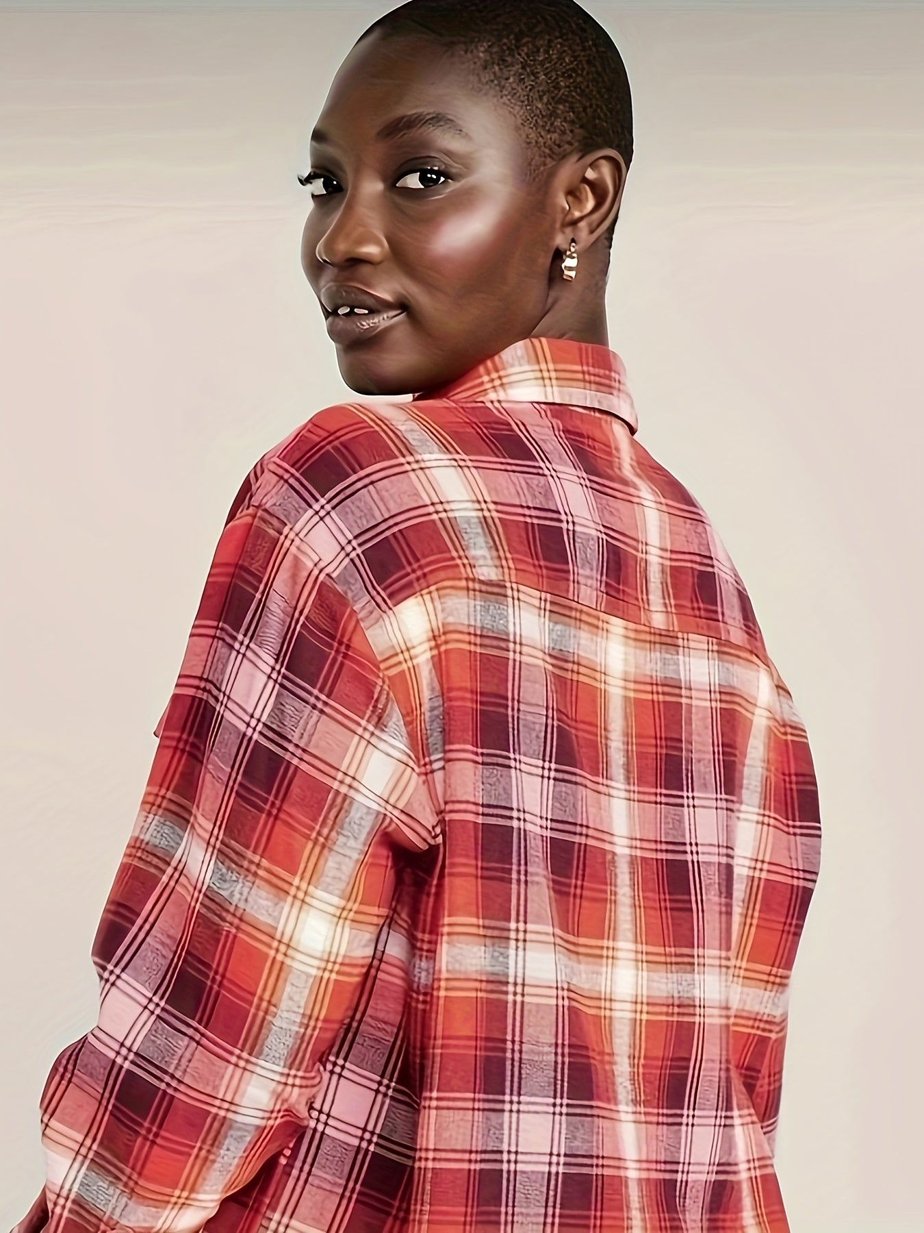  Plaid Print Button Up Long Sleeve Blouse